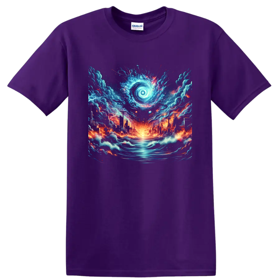 Surreal anime-style glowing spiral eye over a burning futuristic city and waves on a Purple T Shirt