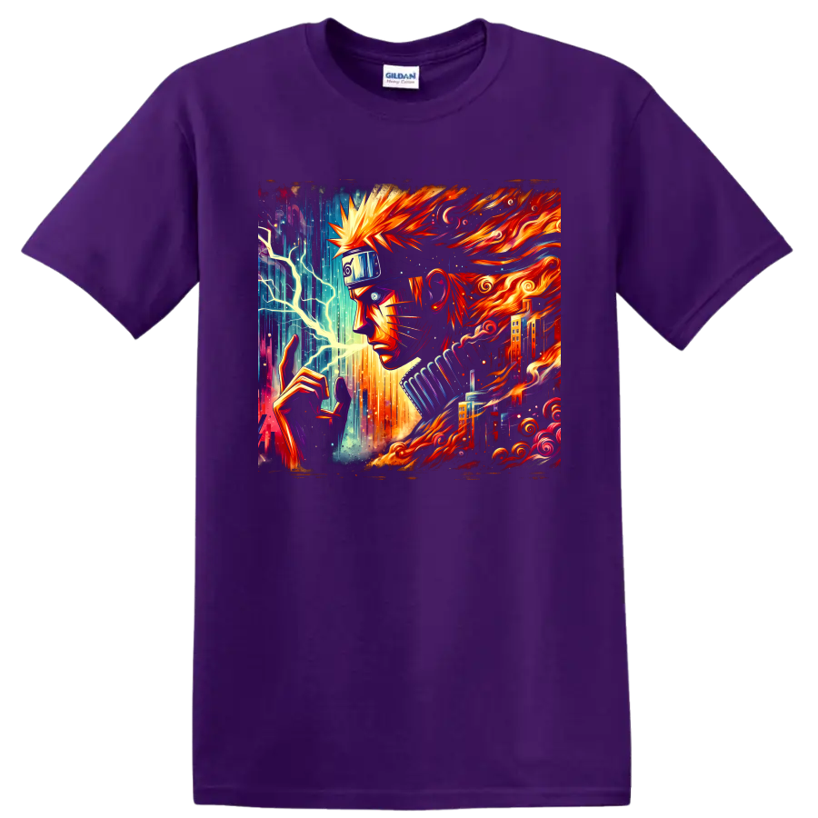 Naruto Uzumaki fiery ninja portrait with lightning, neon city details, and swirling flames on a Purple T Shirt