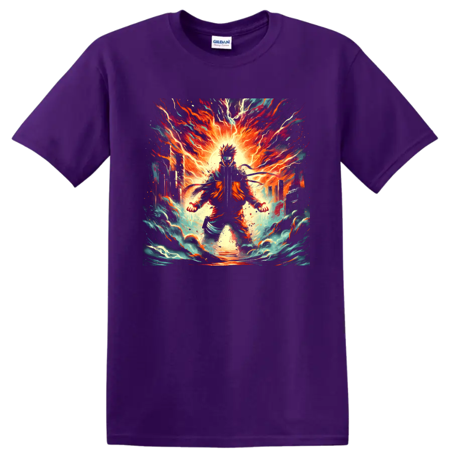 Naruto Uzumaki fiery anime ninja graphic with lightning, flames, and swirling waves on a Purple T Shirt