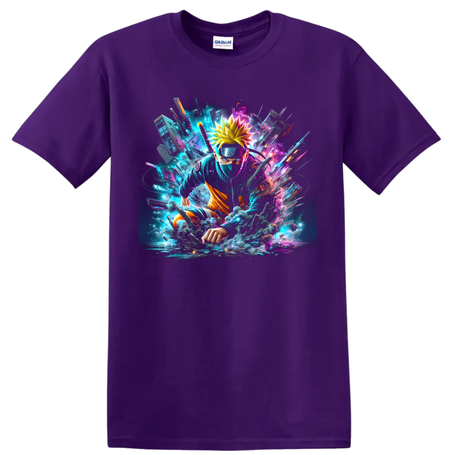 Naruto neon cyberpunk ninja action graphic with glowing shards and smoke on a Purple T Shirt
