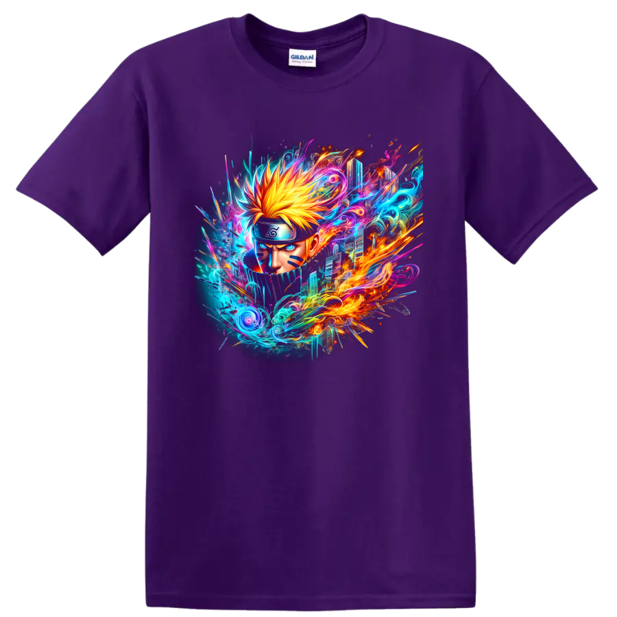 Naruto Uzumaki portrait with neon fire, electric swirls, and futuristic ninja art on a Purple T Shirt