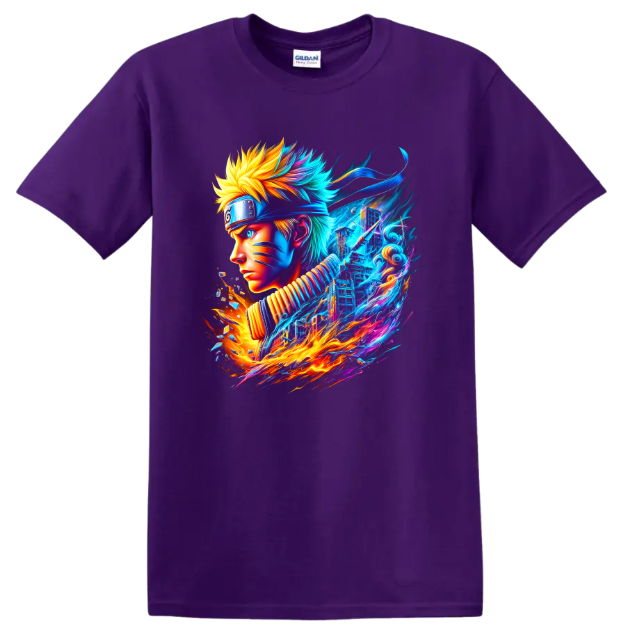 Naruto Uzumaki neon ninja portrait with blue energy and fiery action art on a Purple T Shirt