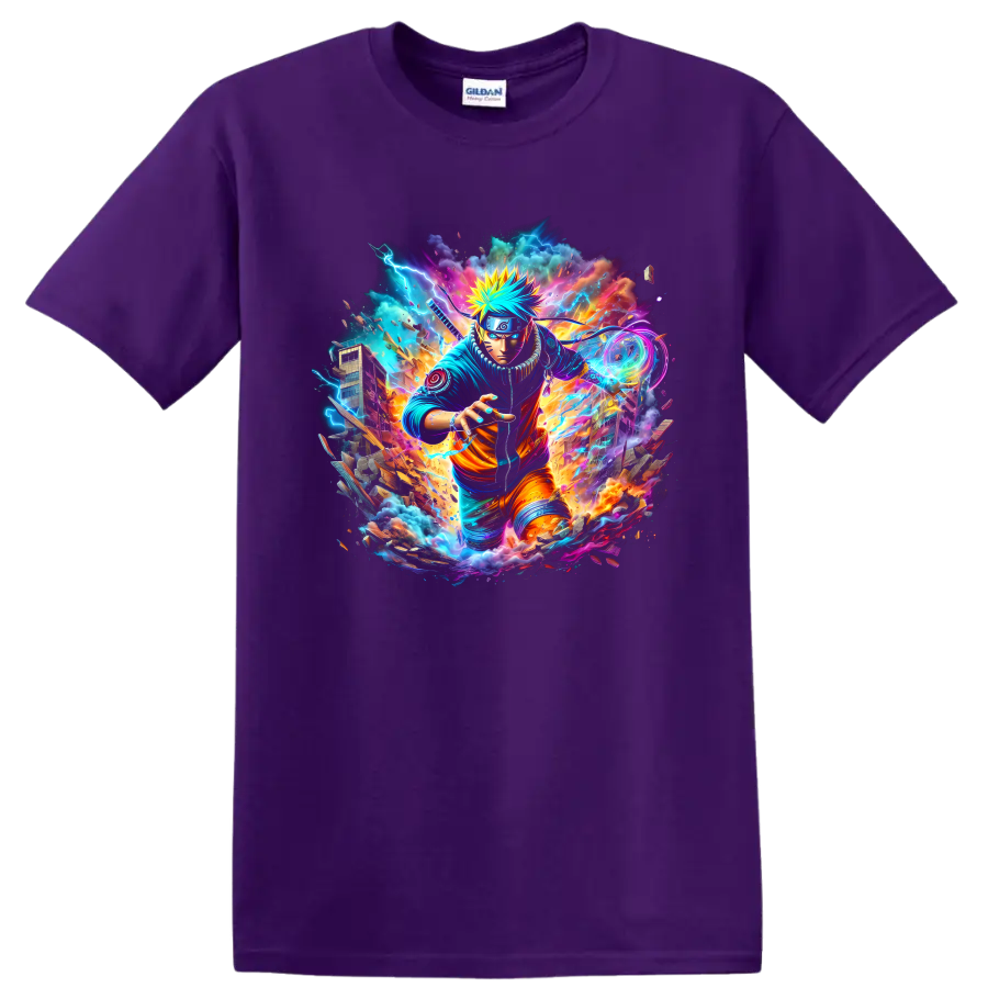Naruto Uzumaki neon ninja action graphic with lightning and swirling energy on a Purple T Shirt