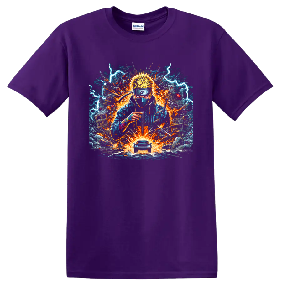 Kakashi Hatake anime action art with lightning, fire, storm clouds, and blue car on a Purple T Shirt