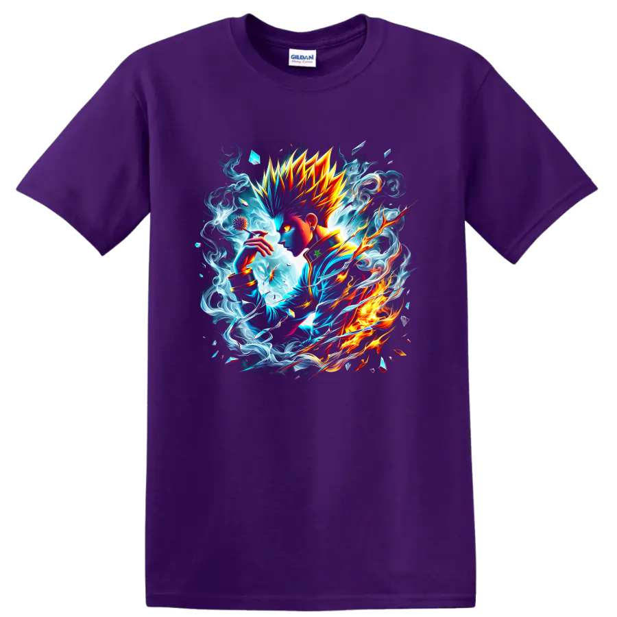 Killua Zoldyck anime portrait with electric blue energy and fiery fantasy artwork on a Purple T Shirt