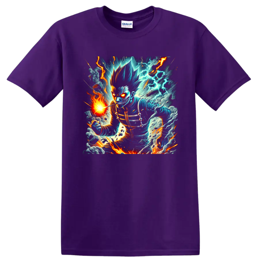 Cosmic Garou anime battle graphic with lightning, fire, storm clouds, and glowing eyes on a Purple T Shirt