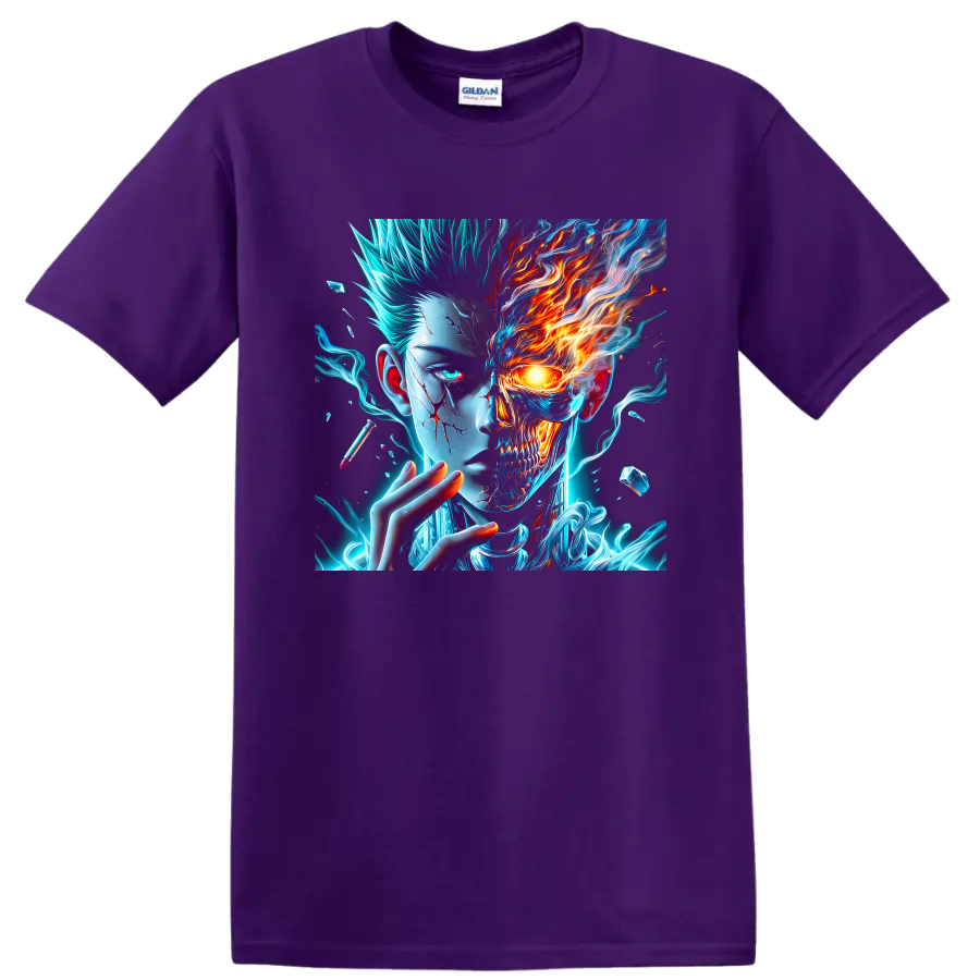 Dabi split-face cyberpunk graphic with blue energy, flames, and skeletal skull detail on a Purple T Shirt