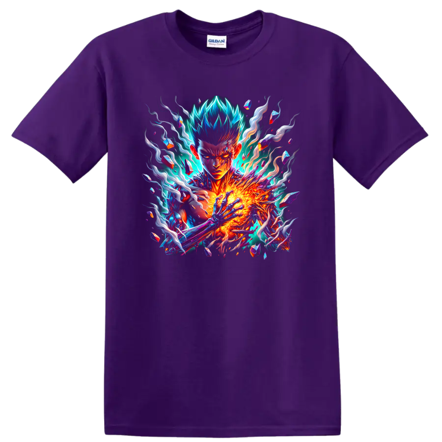 Cosmic Garou neon energy anime artwork with crystal shards and fiery cosmic effects on a Purple T Shirt