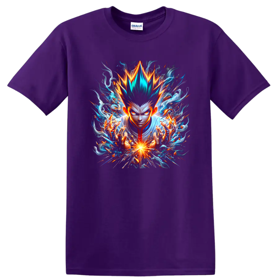 Gon Freecss with spiky hair and radiant energy in dramatic anime action art on a Purple T Shirt