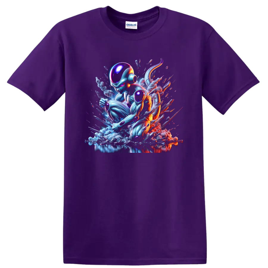 Metal Cooler cybernetic battle art with glowing armor, smoke, and shattered fragments on a Purple T Shirt