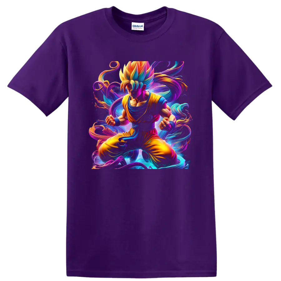 Goku Super Saiyan anime artwork with swirling neon energy and cosmic background on a Purple T Shirt