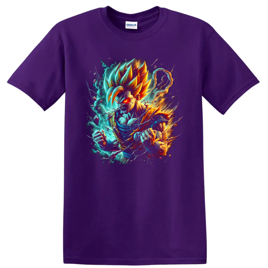 Goku Ultra Instinct anime fighter with turquoise energy aura and fiery action effects on a Purple T Shirt