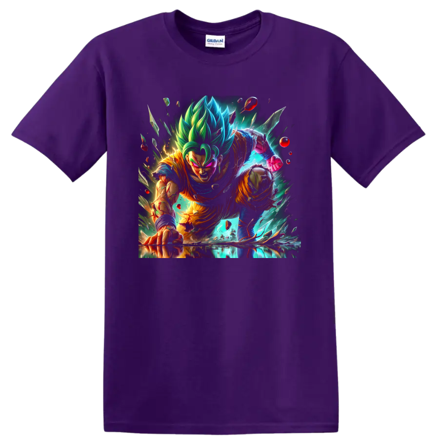 Vegito Blue charging through an explosive anime battle with shattered energy fragments on a Purple T Shirt