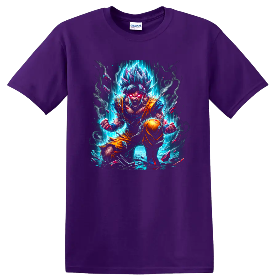 Goku Ultra Instinct anime fighter with blue energy aura and orange battle outfit on a Purple T Shirt