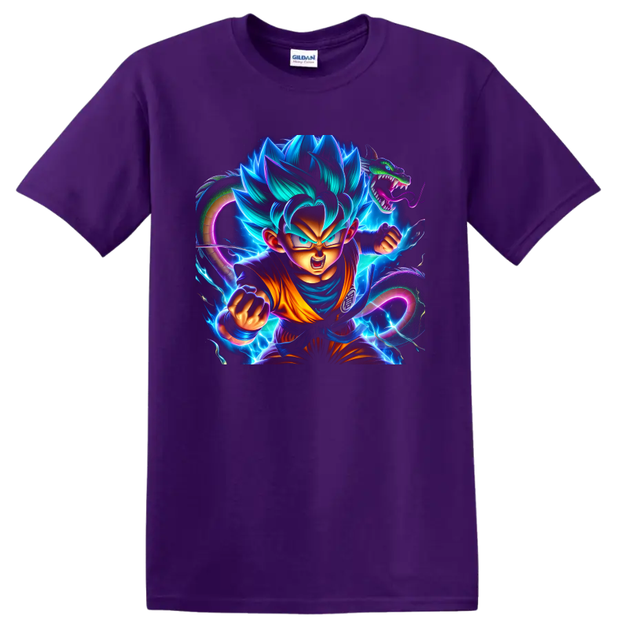 Goku Super Saiyan Blue and Shenron in electric Dragon Ball Super action art on a Purple T Shirt