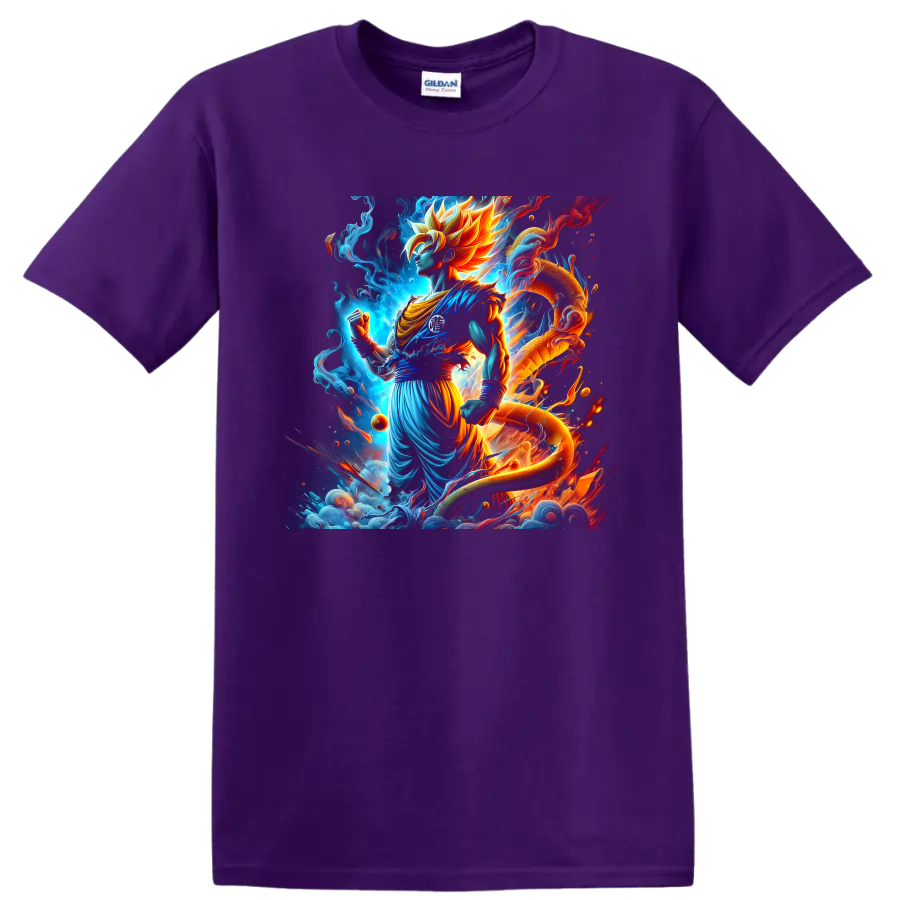 Goku Ultra Instinct anime warrior with cosmic dragon and glowing energy art on a Purple T Shirt