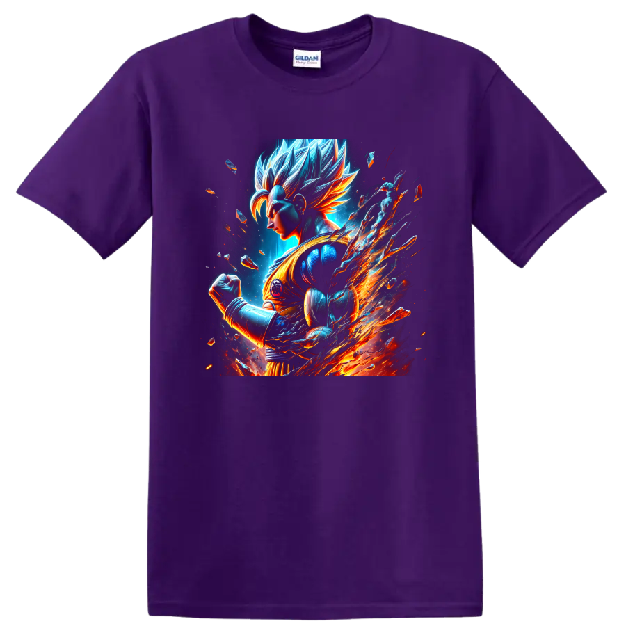 Goku Ultra Instinct cosmic anime warrior graphic with blue energy and fiery trails on a Purple T Shirt