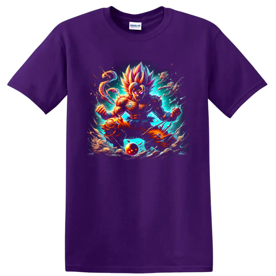 Goku cosmic battle artwork with multicolored spiked hair and glowing energy on a Purple T Shirt