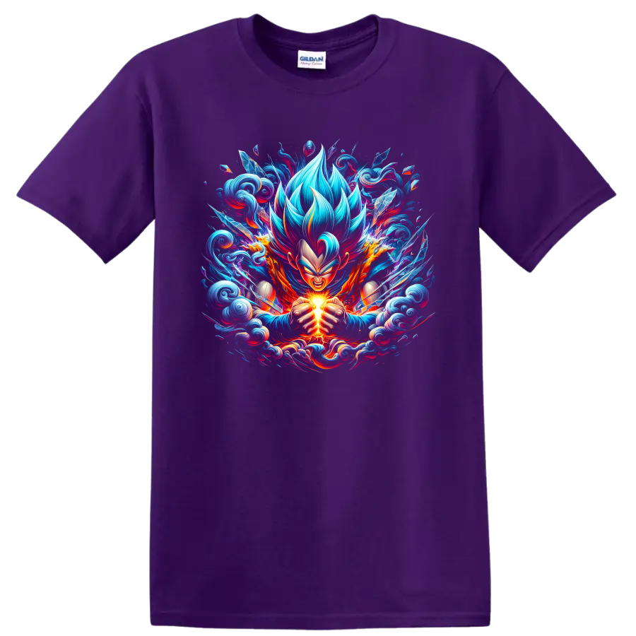 Goku Super Saiyan Blue anime warrior charging a glowing energy burst on a Purple T Shirt