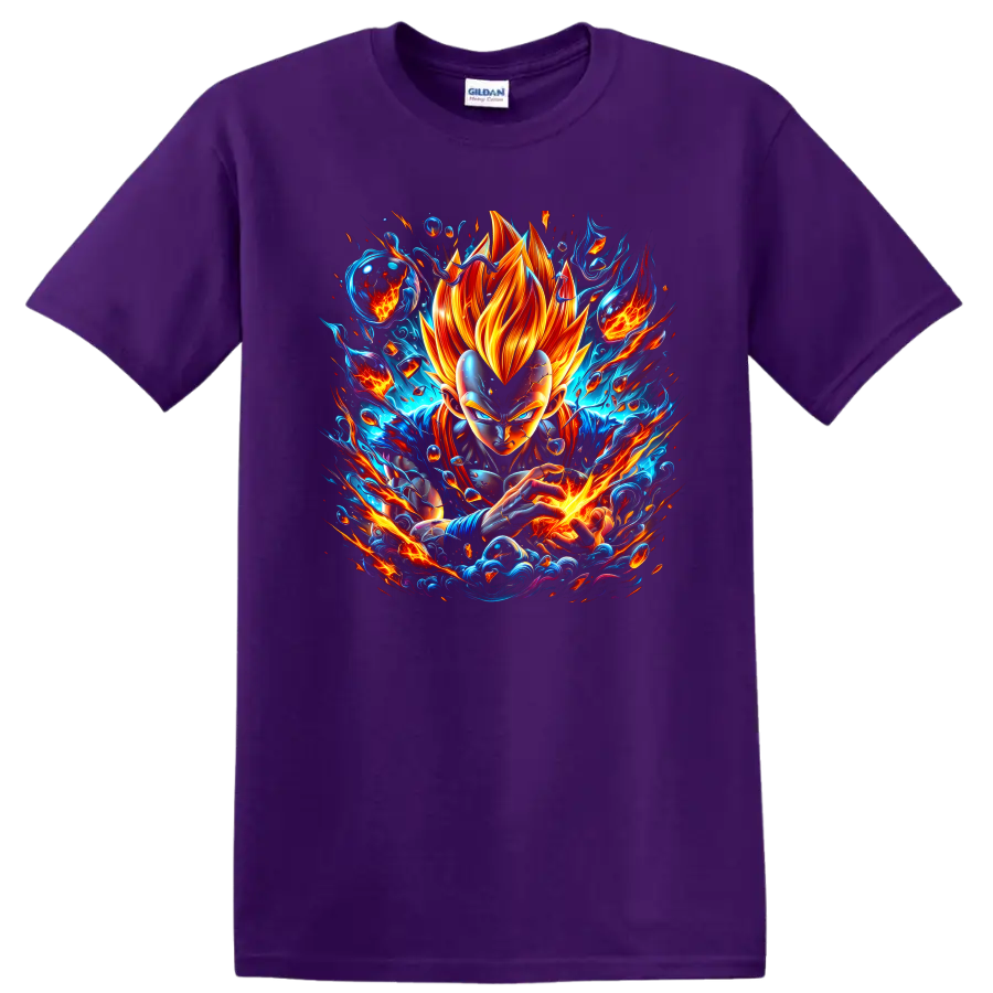 Vegeta Super Saiyan God anime graphic with fiery energy and explosive action effects on a Purple T Shirt