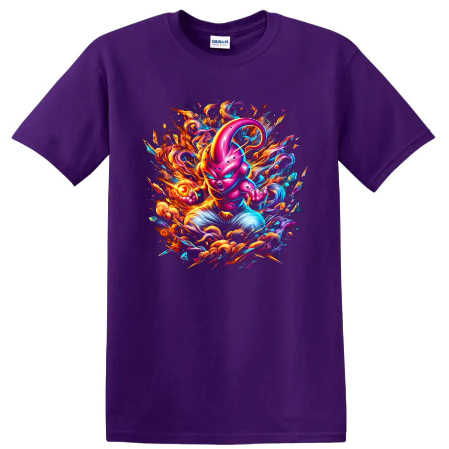 Majin Buu neon battle art with fiery energy swirls and crystal shards on a Purple T Shirt