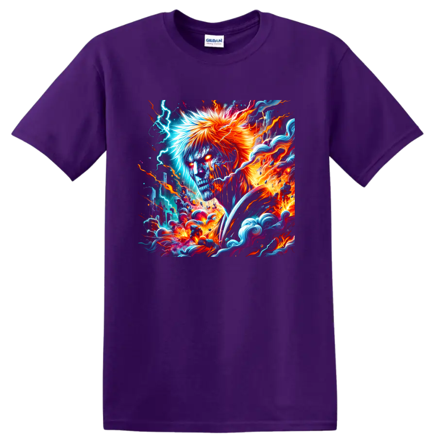 Ichigo Kurosaki fantasy warrior illustration with blue lightning, orange fire, and waves on a Purple T Shirt