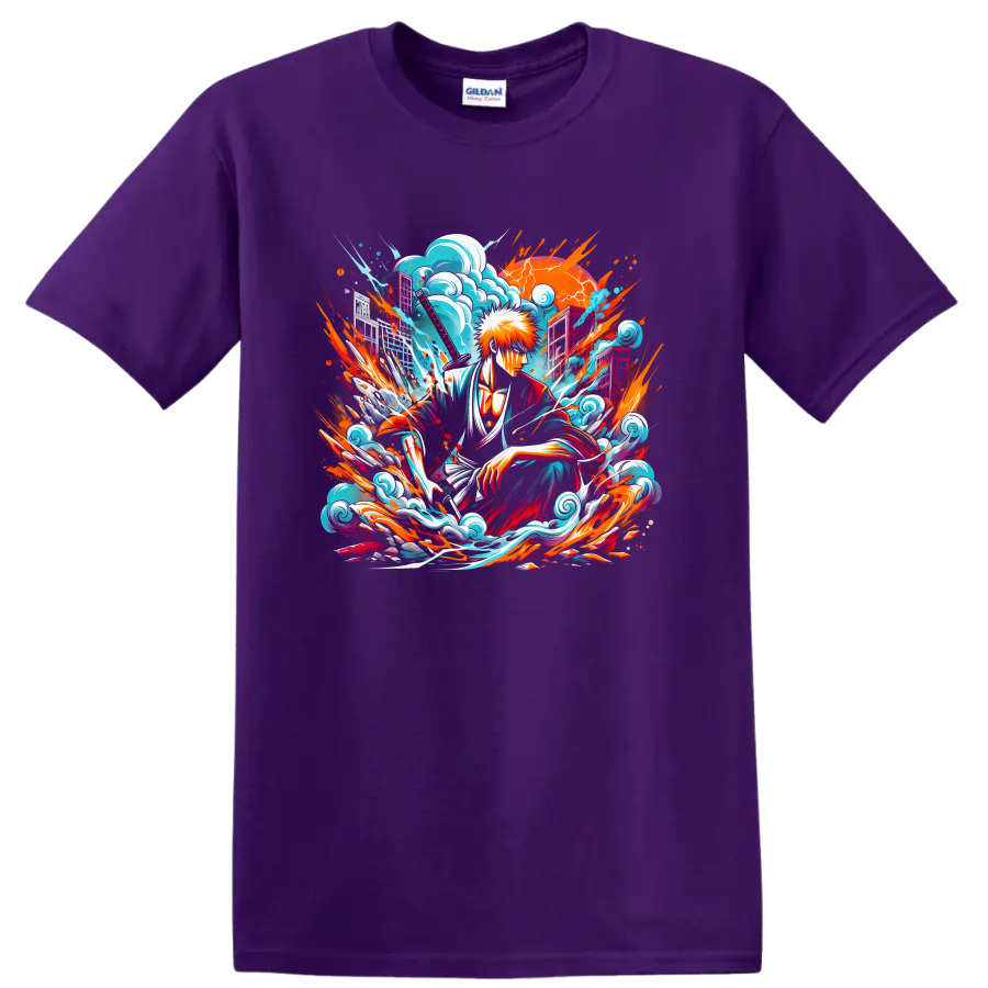 Ichigo Kurosaki with katana, turquoise waves, and orange anime action art on a Purple T Shirt