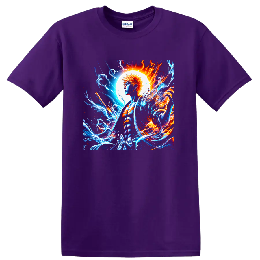 Ichigo Kurosaki anime art with a sword, glowing moon, blue energy and fire on a Purple T Shirt