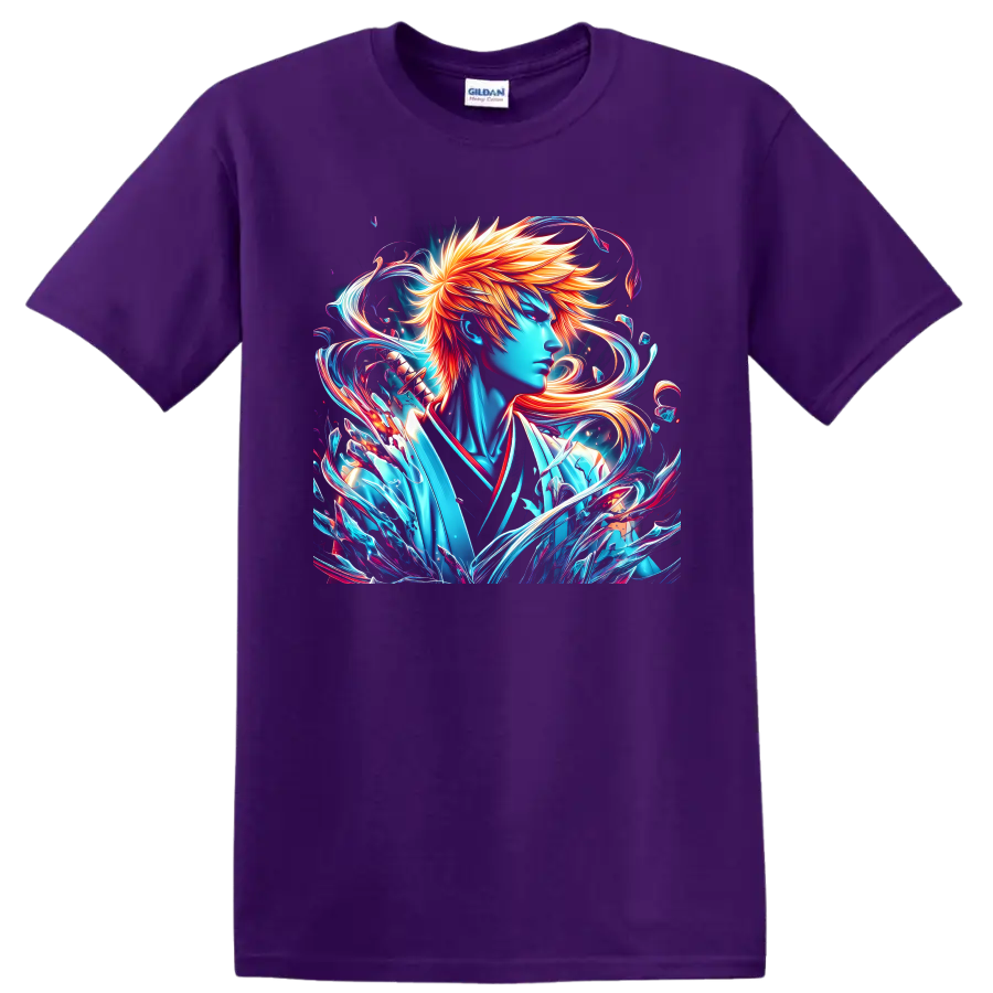 Ichigo Kurosaki neon anime portrait with fiery hair and swirling energy on a Purple T Shirt