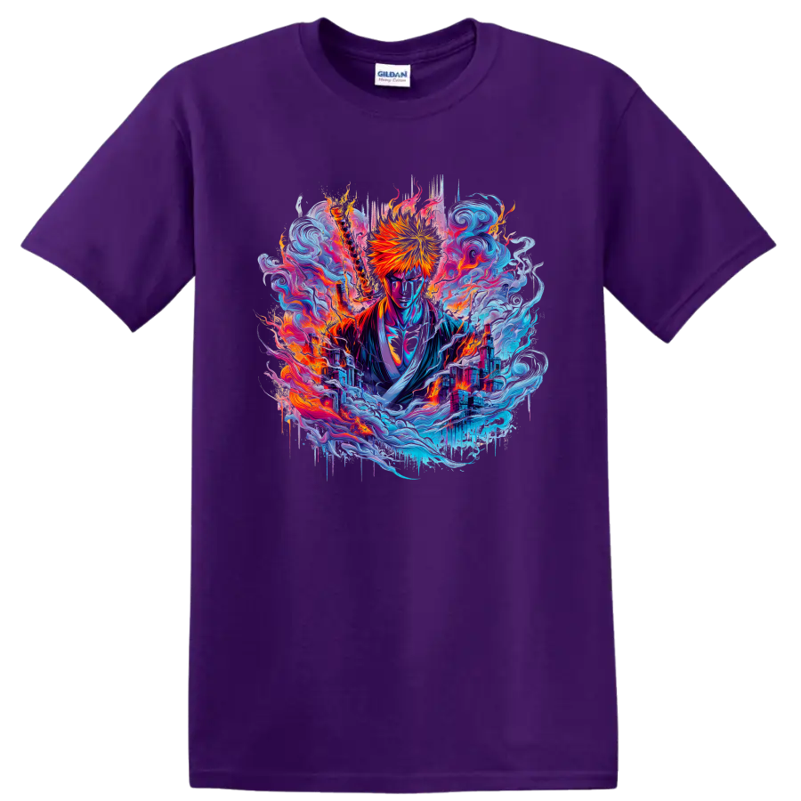 Ichigo Kurosaki with fiery sword in neon waves and city fantasy art on a Purple T Shirt