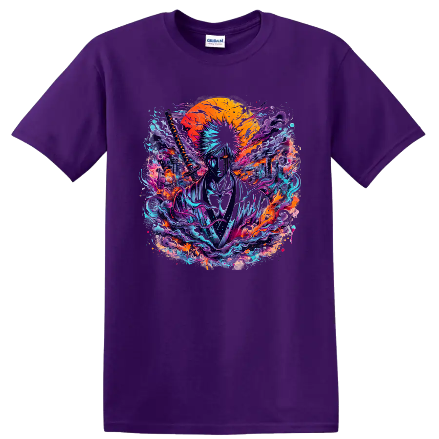 Hollow Ichigo neon katana warrior anime graphic with blazing sun and cityscape on a Purple T Shirt