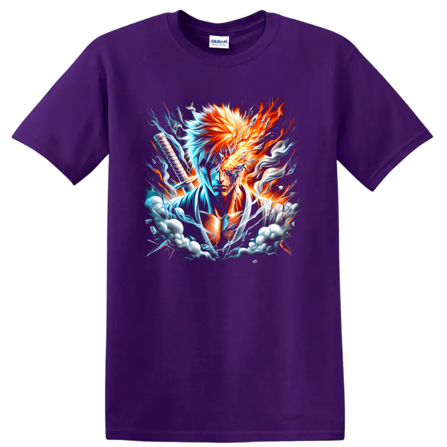 Ichigo Kurosaki sword warrior in fiery orange and icy blue energy graphic art on a Purple T Shirt
