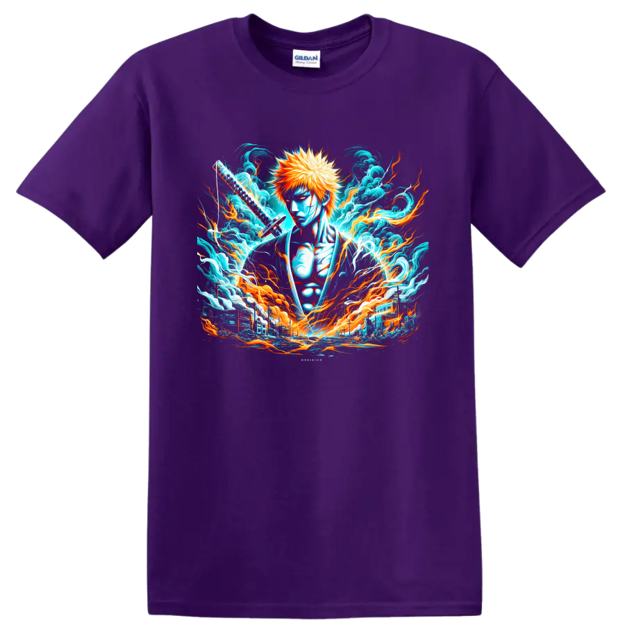 Ichigo Kurosaki with katana amid fiery energy and crashing waves anime graphic on a Purple T Shirt