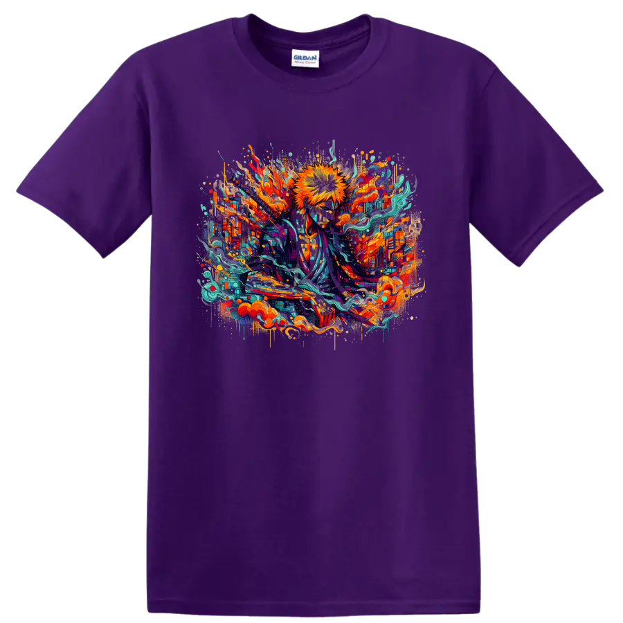 Ichigo Kurosaki Bleach sword hero in colorful abstract energy art on a Purple T Shirt