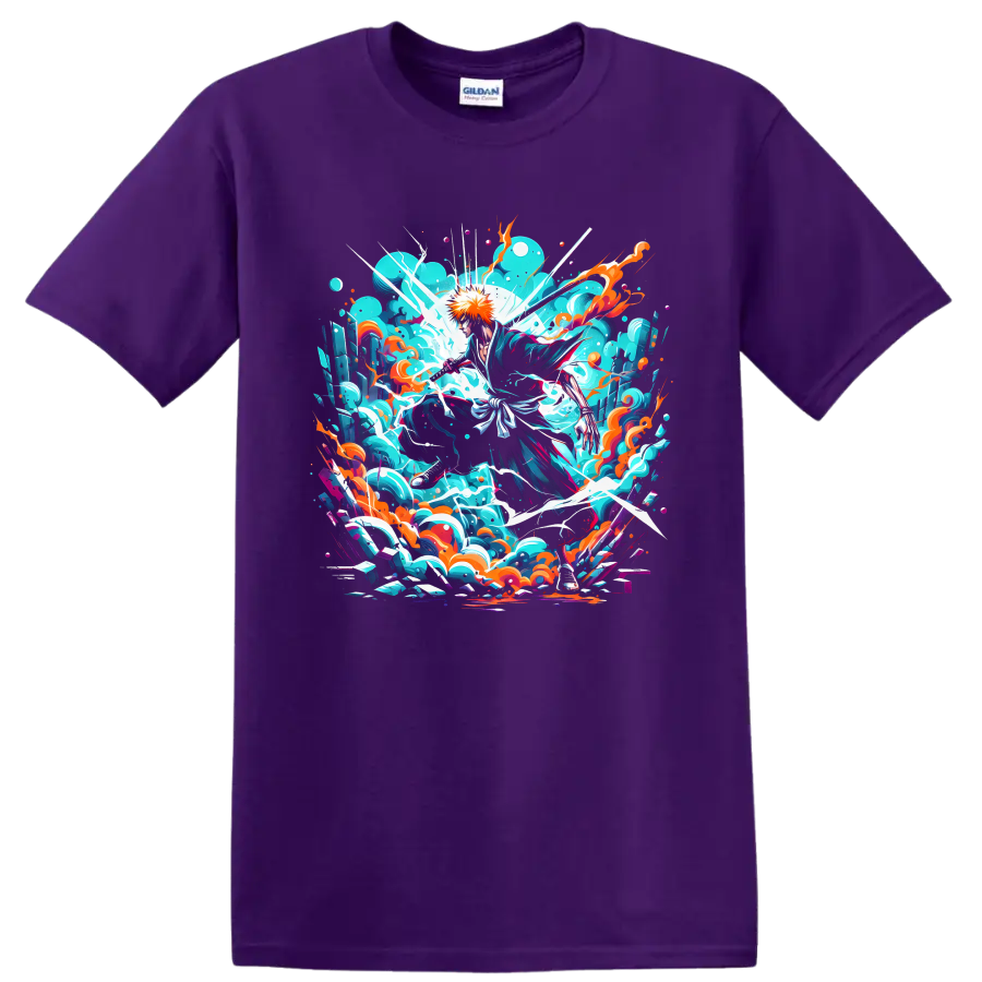 Ichigo Kurosaki sword action graphic with turquoise energy waves and orange accents on a Purple T Shirt