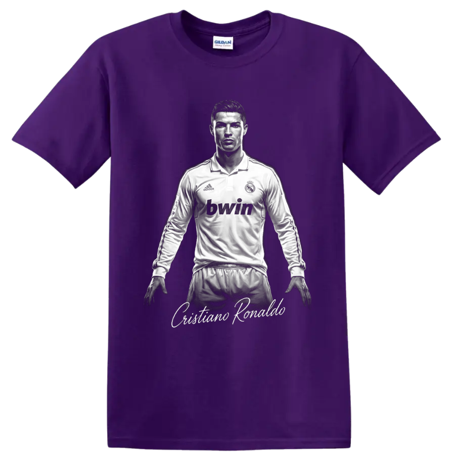 Cristiano Ronaldo Real Madrid monochrome soccer portrait with script name on a Purple T Shirt
