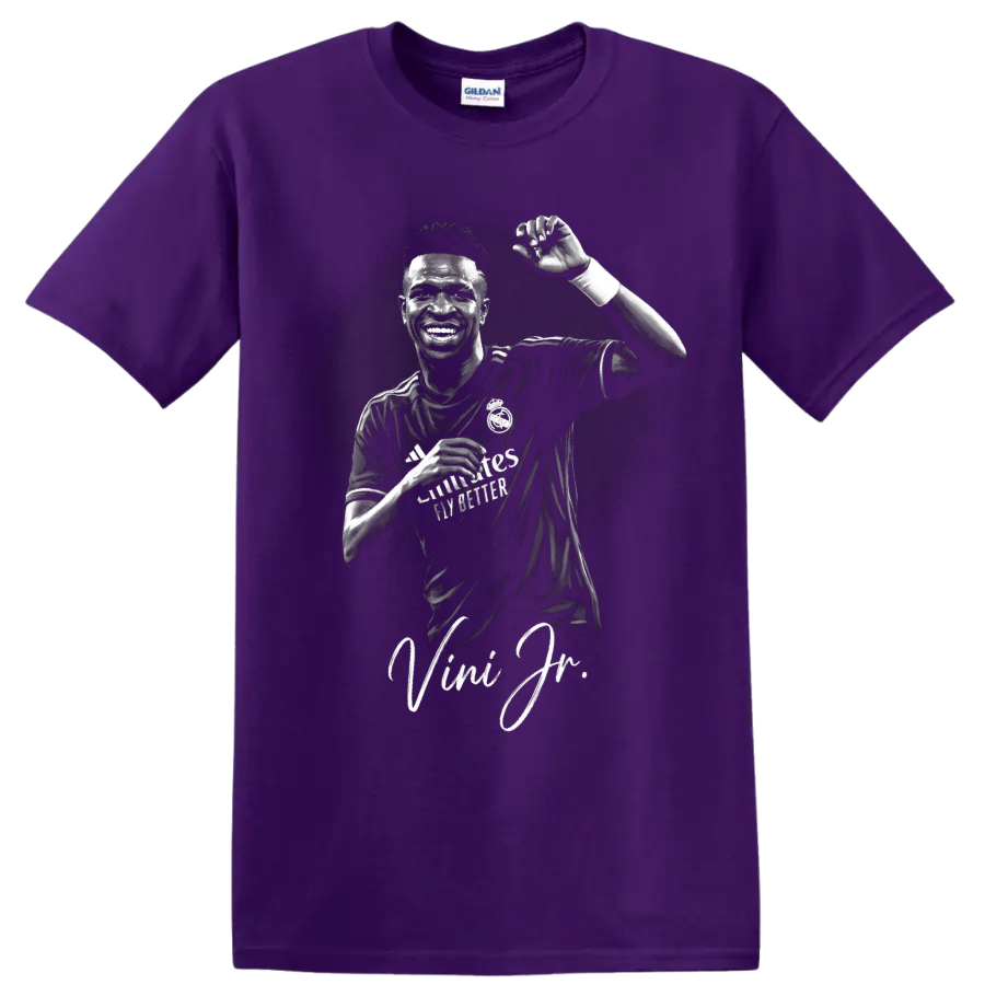 Vinícius Júnior Real Madrid monochrome celebration portrait with signature script on a Purple T Shirt