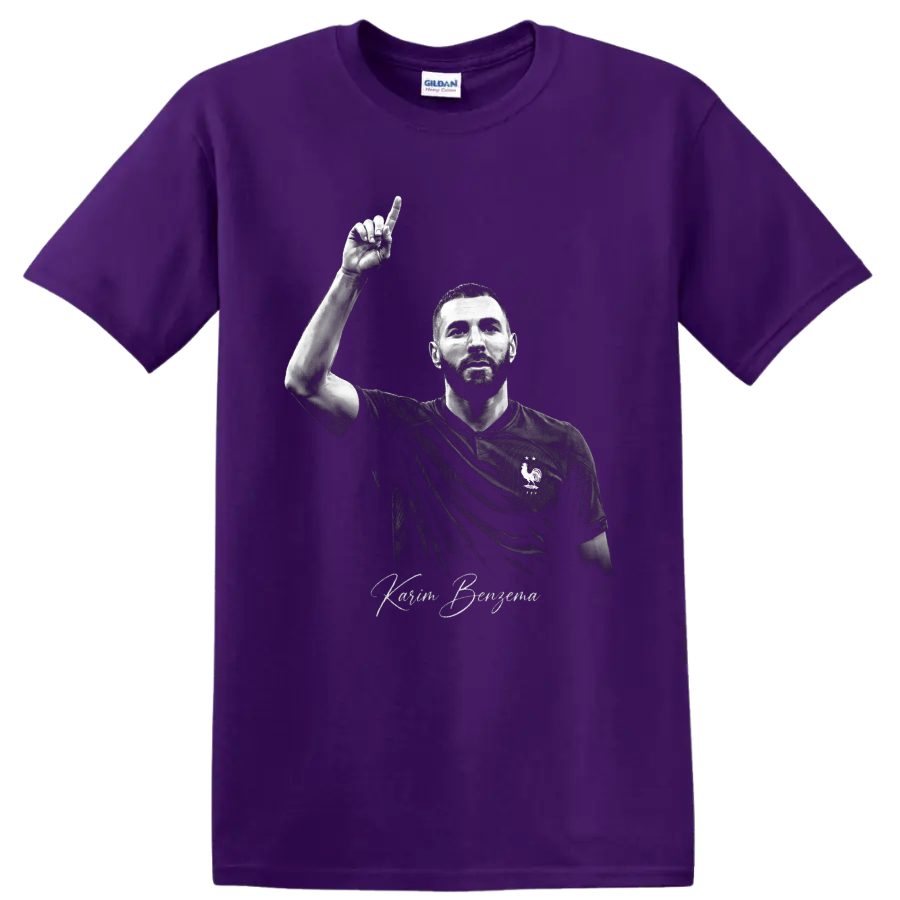 Karim Benzema France soccer portrait with raised finger and signature-style lettering on a Purple T Shirt