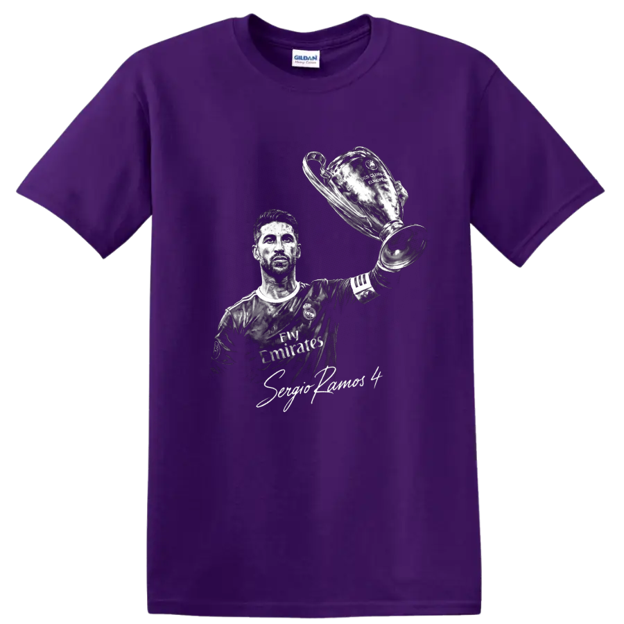 Sergio Ramos monochrome portrait raising a European trophy with signature-style text on a Purple T Shirt