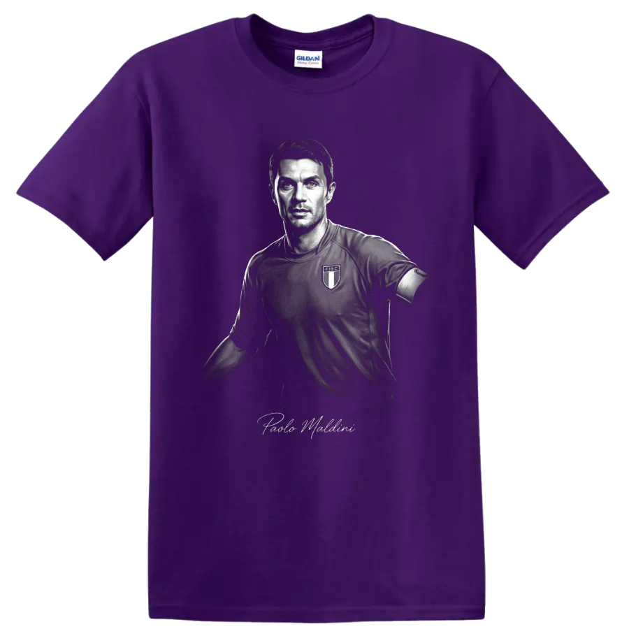 Paolo Maldini monochrome Italy soccer portrait with signature-style name lettering on a Purple T Shirt