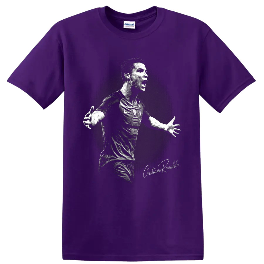 Cristiano Ronaldo celebrating in a distressed black-and-white soccer portrait on a Purple T Shirt