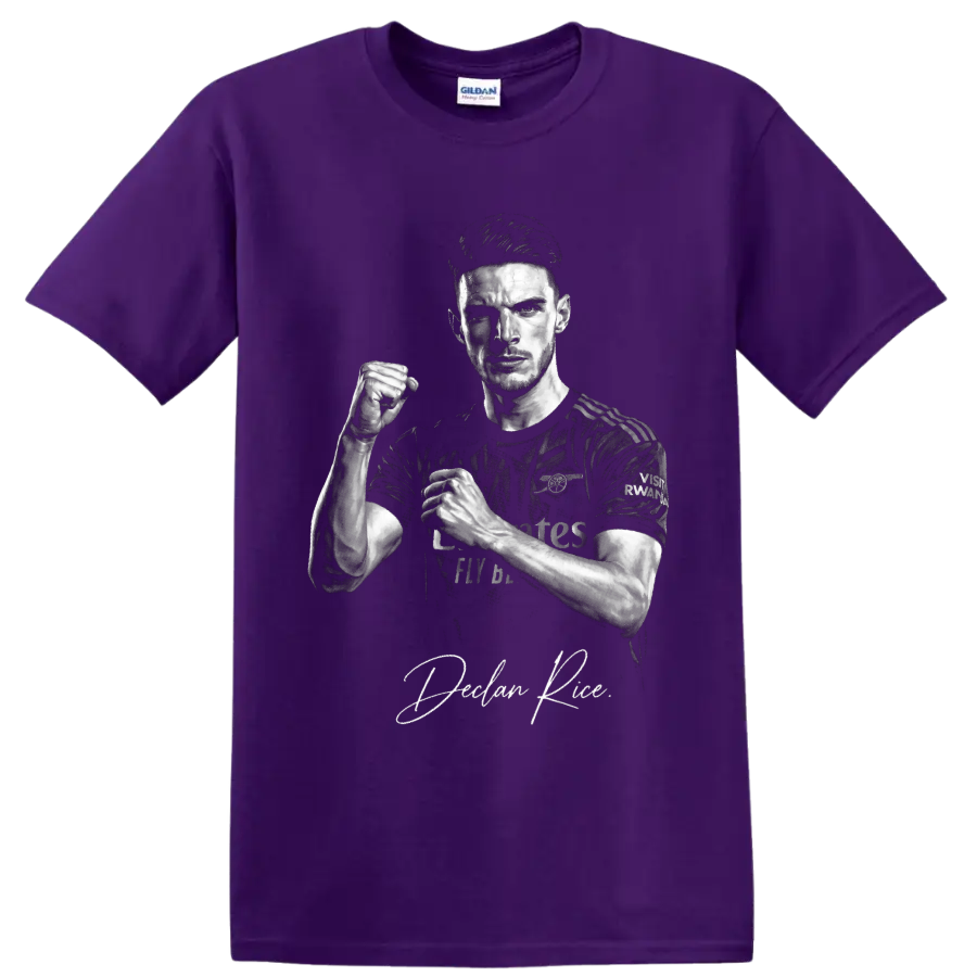 Declan Rice Arsenal soccer portrait with raised fist and signature-style text on a Purple T Shirt