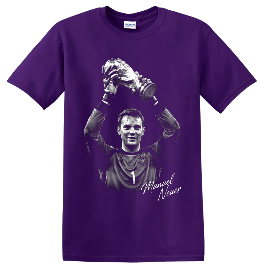 Manuel Neuer grayscale goalkeeper portrait raising a trophy with signature on a Purple T Shirt