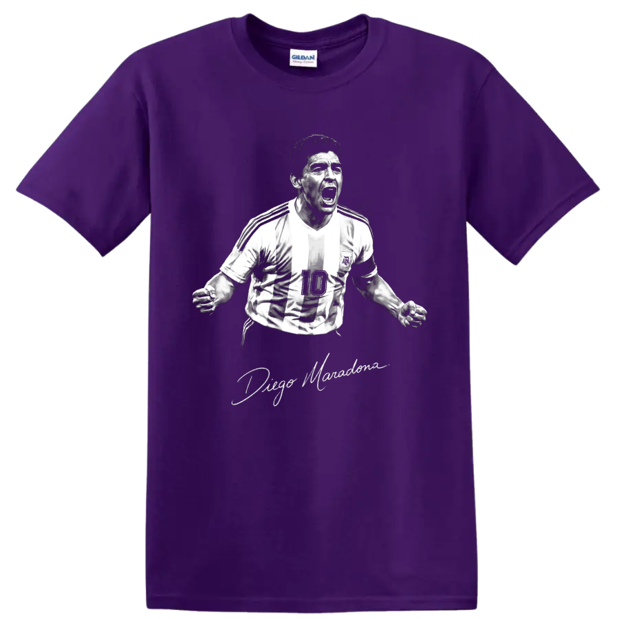 Diego Maradona roaring in a striped number 10 jersey, monochrome portrait and signature on a Purple T Shirt