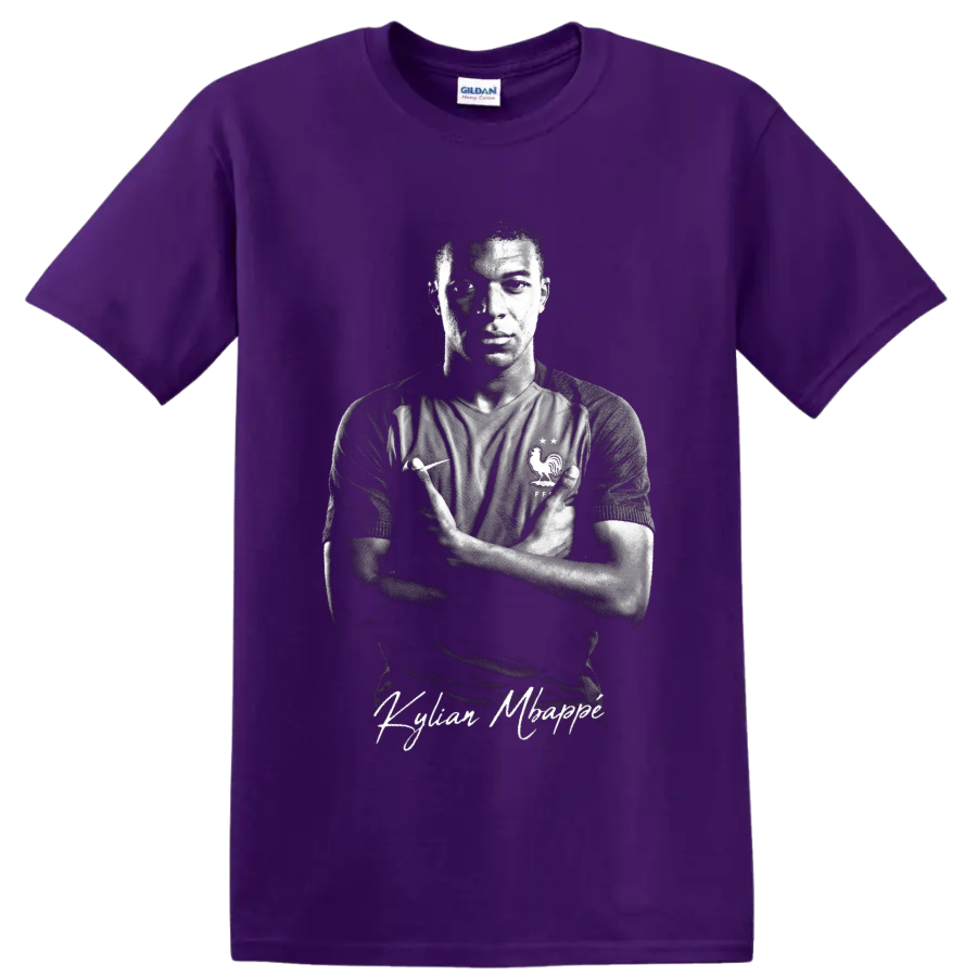 Kylian Mbappé France soccer portrait with dramatic monochrome lighting and signature text on a Purple T Shirt