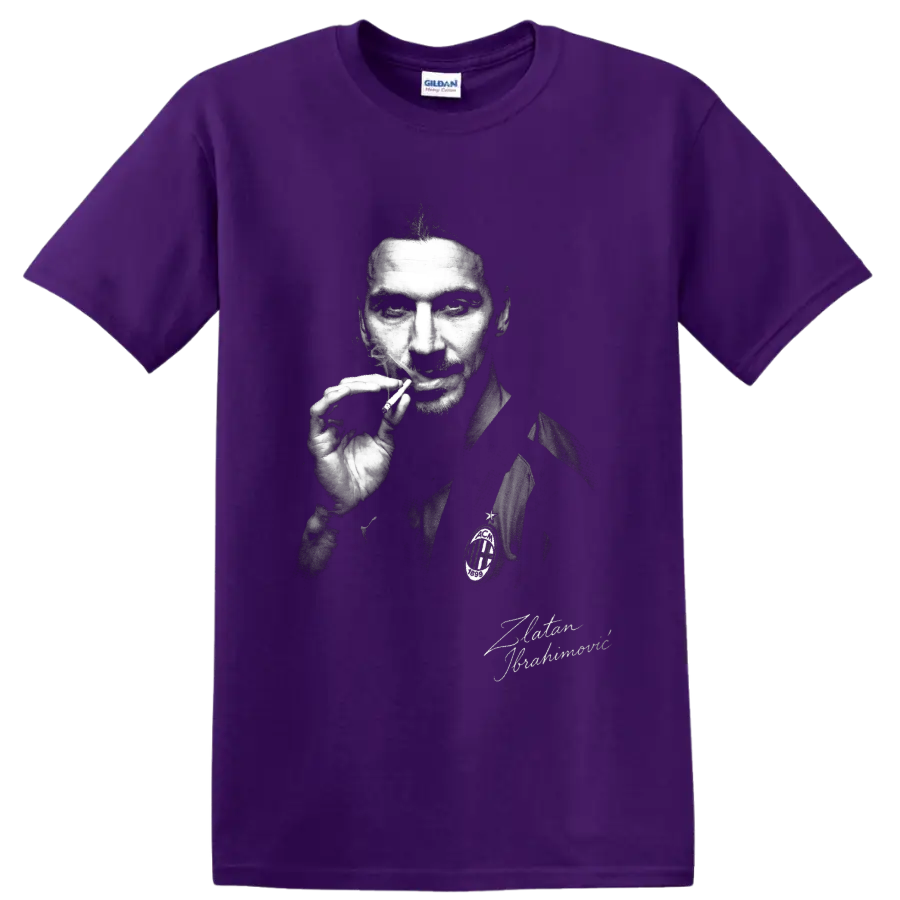 Zlatan Ibrahimović monochrome soccer portrait with smoke and signature-style lettering on a Purple T Shirt