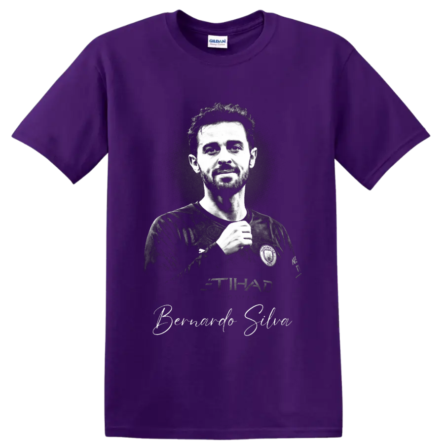 Bernardo Silva Manchester City monochrome soccer portrait with signature-style name on a Purple T Shirt