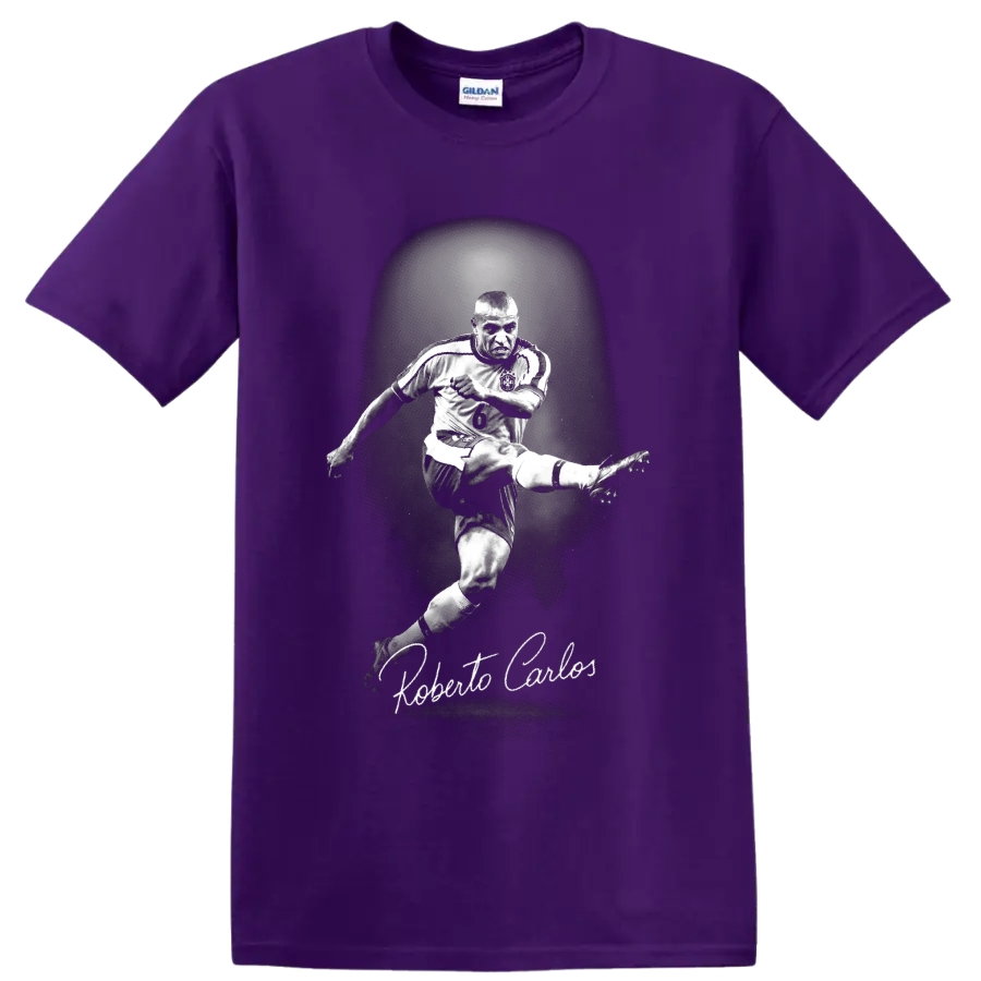 Roberto Carlos mid-kick soccer portrait with number 6 jersey and script signature on a Purple T Shirt