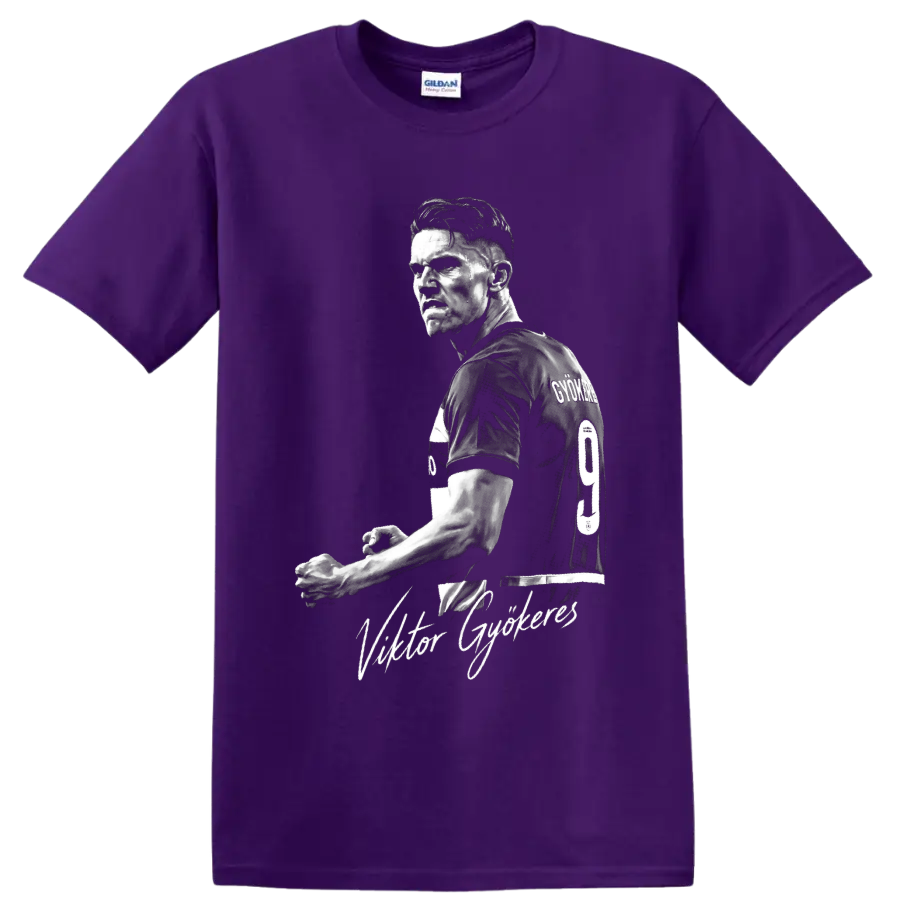 Viktor Gyökeres monochrome soccer portrait with number 9 jersey and script name on a Purple T Shirt