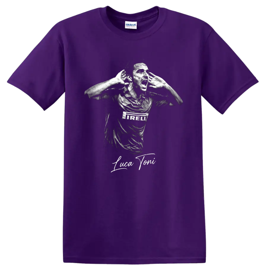 Luca Toni monochrome hands-to-ears soccer portrait with signature lettering on a Purple T Shirt